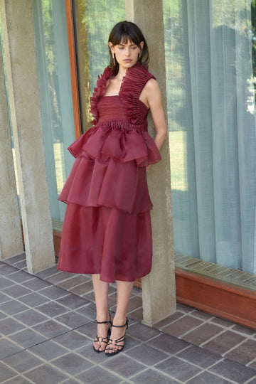 AJE - Asra Pleated Frill Gown - Mahogany Red