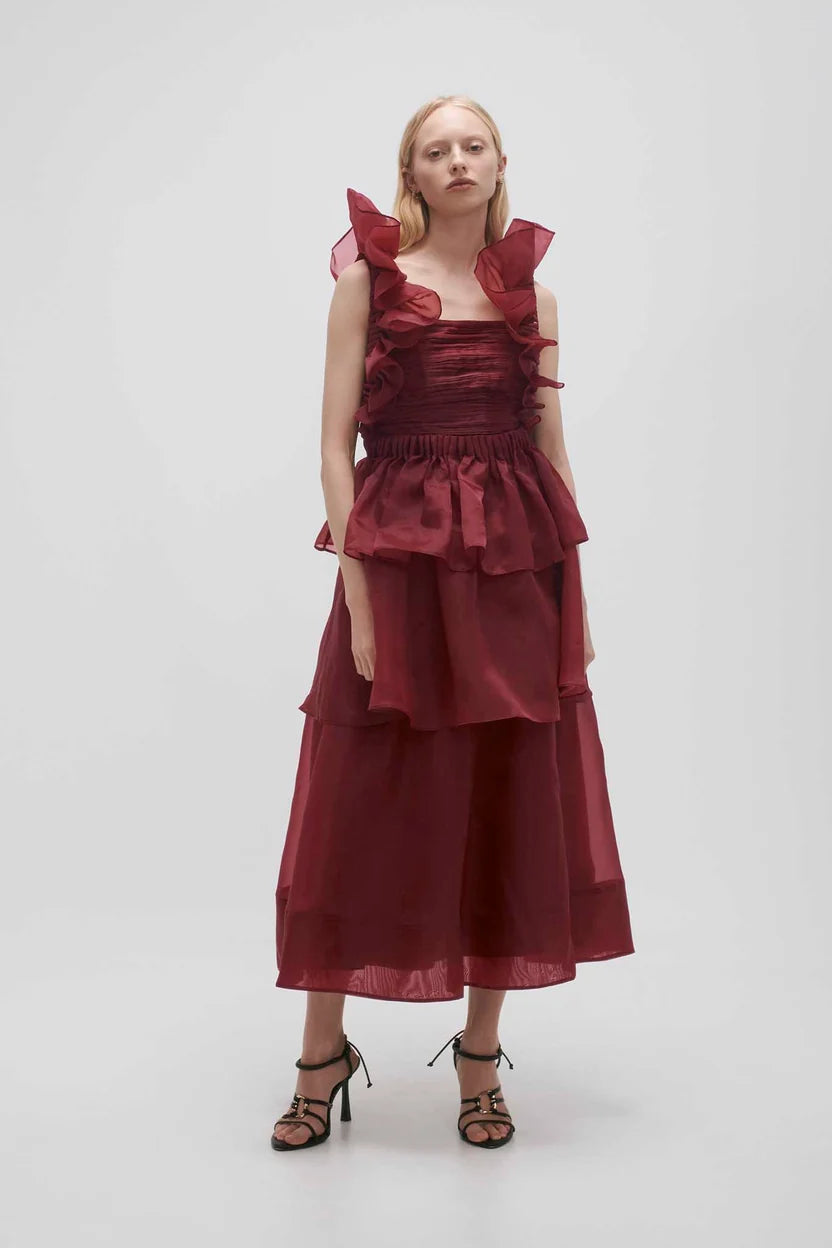 AJE - Asra Pleated Frill Gown - Mahogany Red