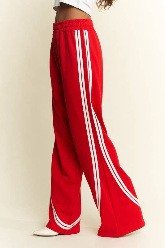 SOLID COTTON SIDE STRIPES WIDE LEG PANTS