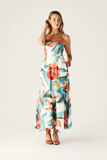 Woman wearing a floral one-shoulder dress on a white background