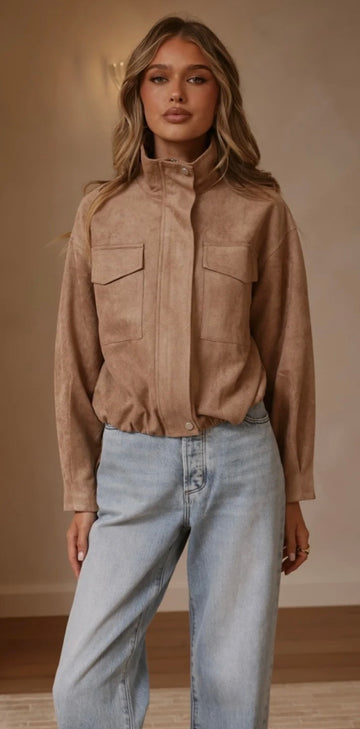 Funnel Neck Faux Suede Jacket