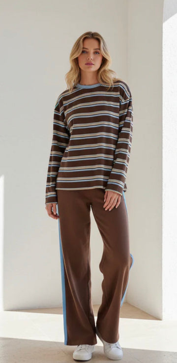 Choc Blue Stripe Cotton Pant Set