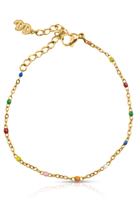 Gold bracelet with colorful beads on a white background