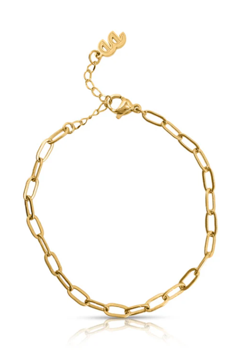 Gold chain bracelet on a wrist against a neutral background