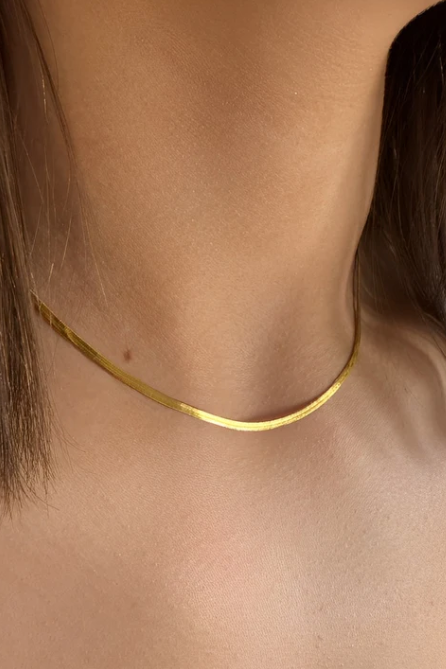 Gold necklace worn by a person with a blurred background