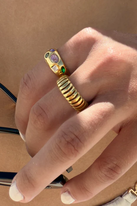 Gold ring with colorful gemstones on a hand against a white background