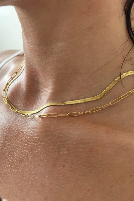 Gold chain necklace on a person's neck with a blurred background