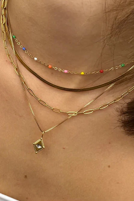 Close-up of a person wearing multiple gold necklaces with a green gemstone pendant.