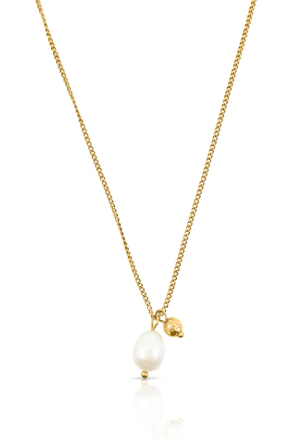Gold necklace with a single pearl pendant on a white background