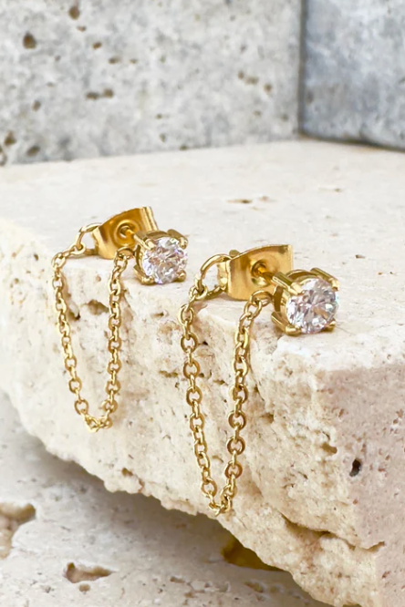 Close-up of an ear wearing a gold earring with a clear gemstone.