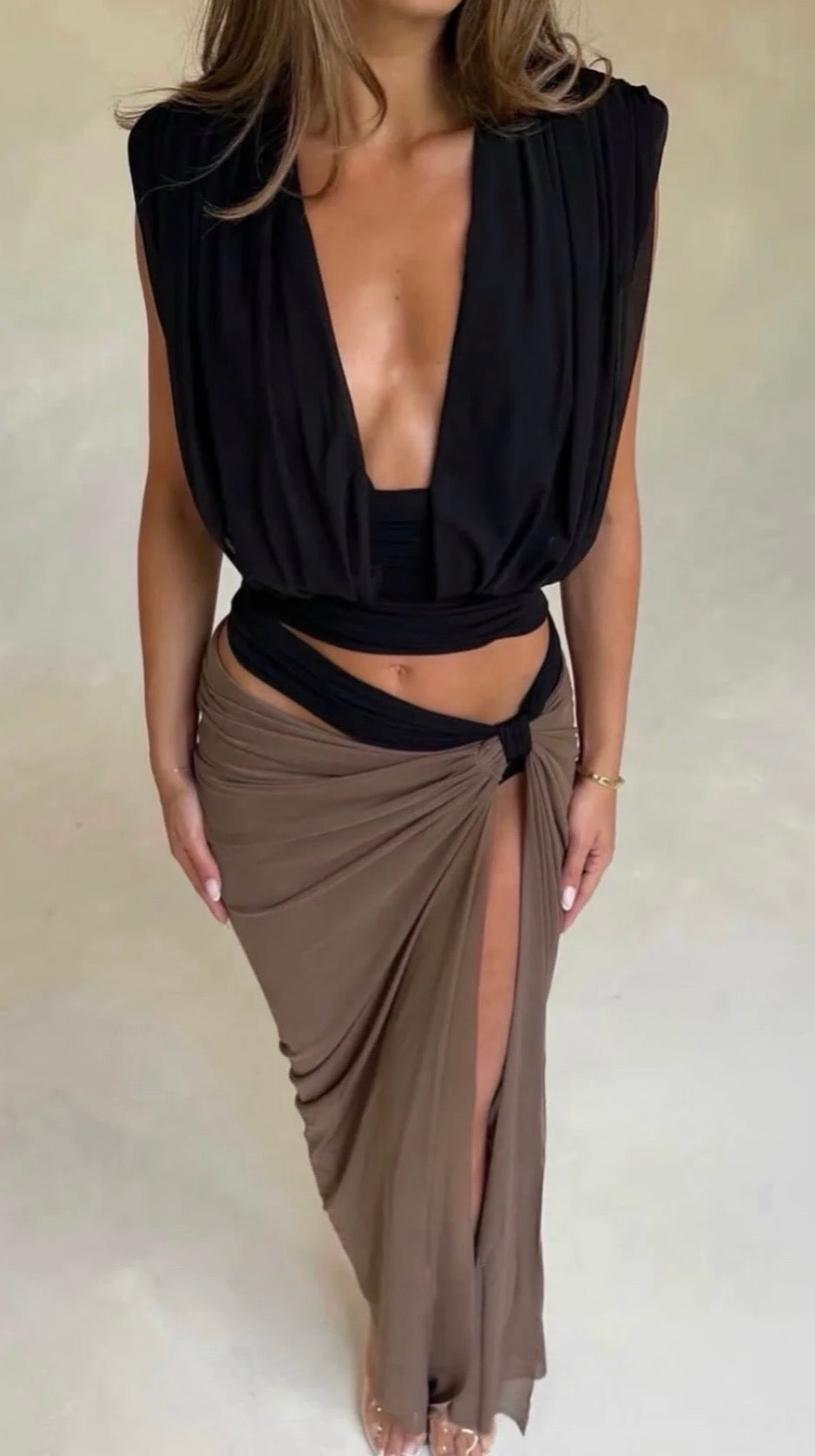 Bec & Bridge - Anaya Drape Skirt Latte & Oria Black Top Set