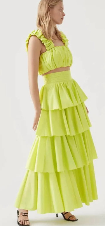 AJE Medina Ruched Crop Top and Tiered Maxi Skirt - LEMON/LIME