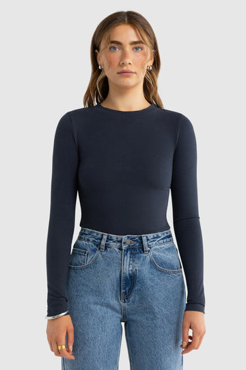ORTC - Evie Long Sleeve Fitted Top - Navy