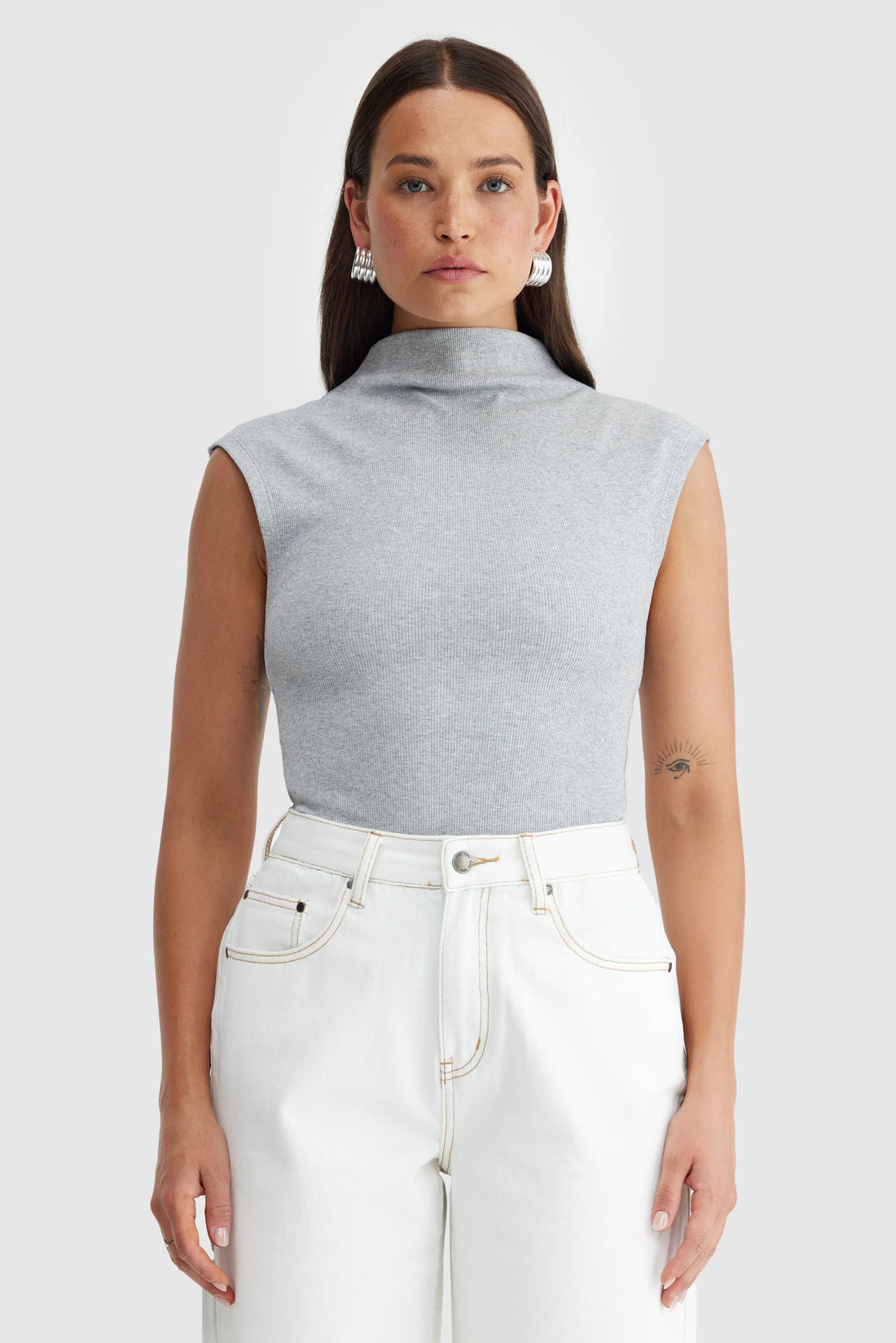 ORTC - Liv High Neck Rib Top - Grey Marle