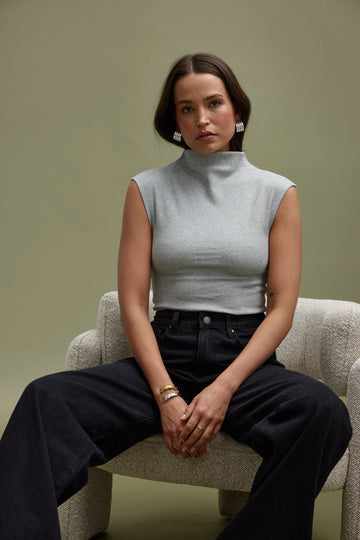 ORTC - Liv High Neck Rib Top - Grey Marle