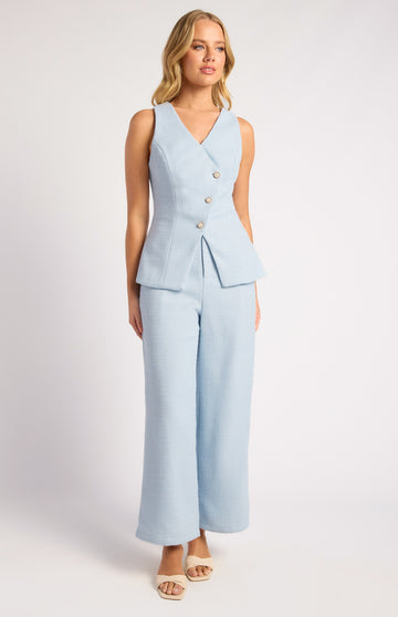 Tweed Asymmetric Top And Pants Set With Pearl Button Details - baby blue