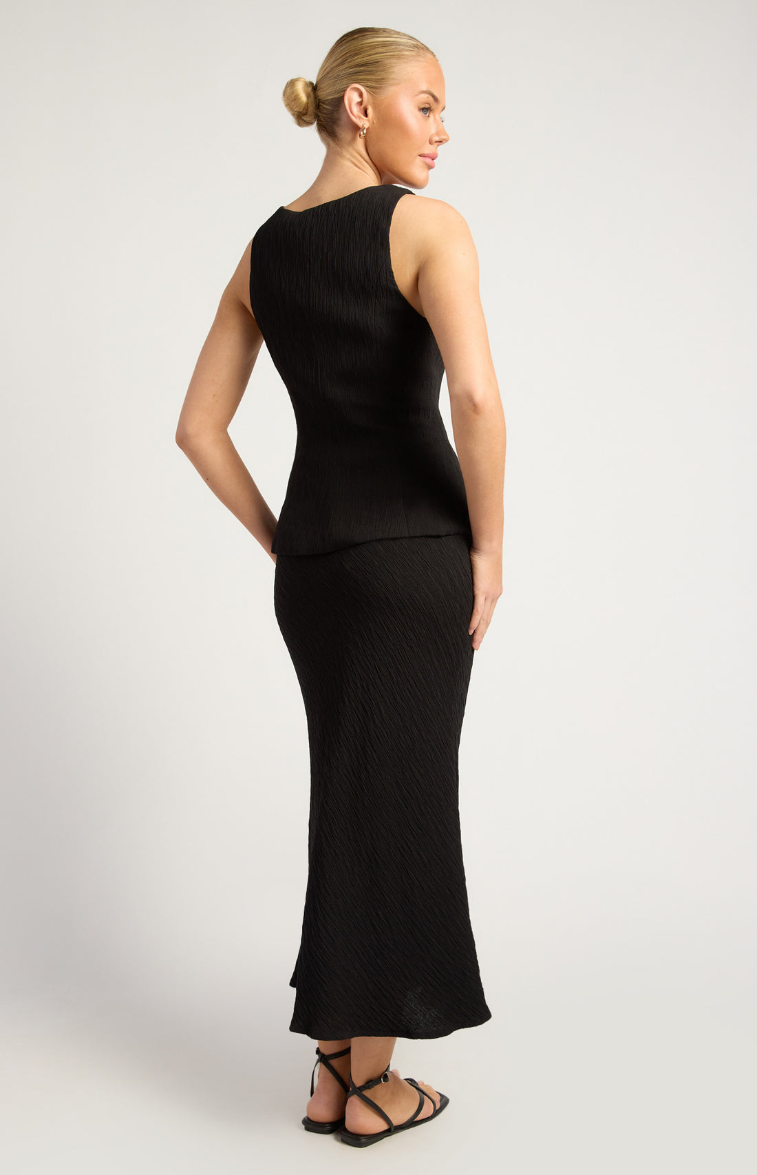feature button vest top and midi skirt - black