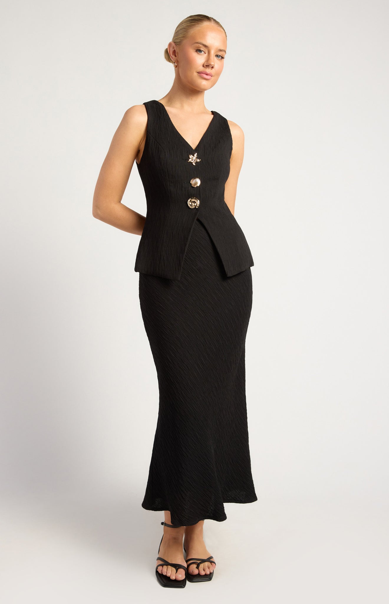 feature button vest top and midi skirt - black